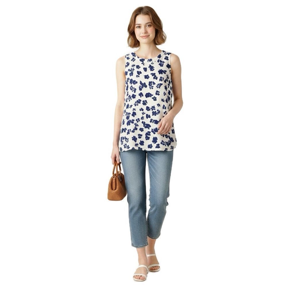 Cabi Sleeveless Blue Floral & Striped Hi-lo Hem Blouse